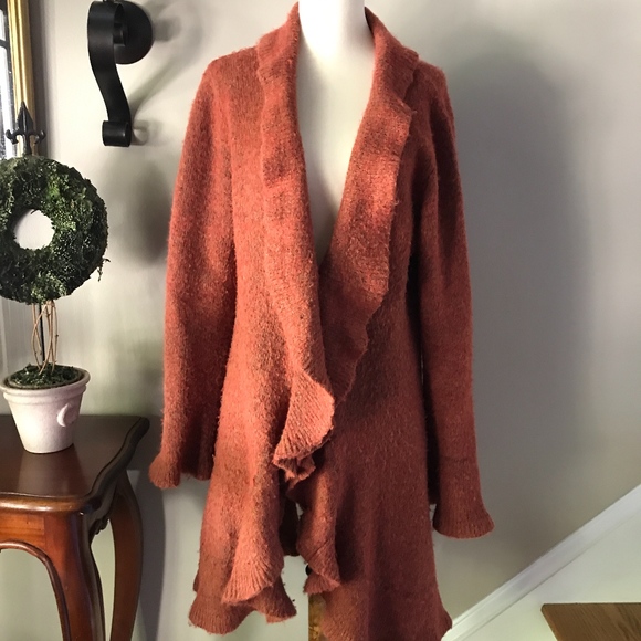 Susan Bristol Sweaters - Susan Bristol Rust Ruffle  Cardigan Duster L